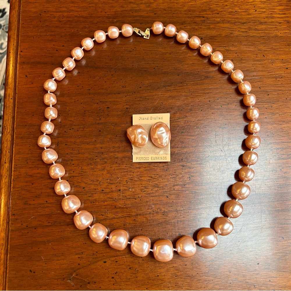Vintage Large Faux Blush Pearl Necklace and Pierced Earring Set